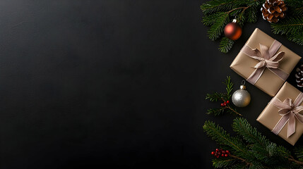 Christmas Gift Boxes Decorated With Pine Cones Ornaments And Ribbon On Dark Background With Copy Space For Holiday Greetings