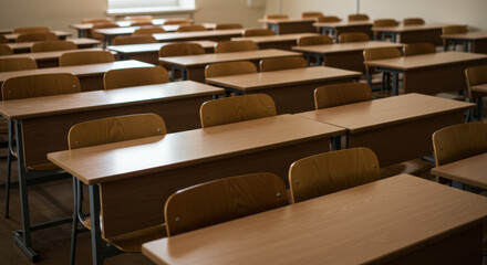 Empty Classroom: Desks Awaiting Students - Education, Learning Space, School Furniture, Back to School, Classroom Design & Interior