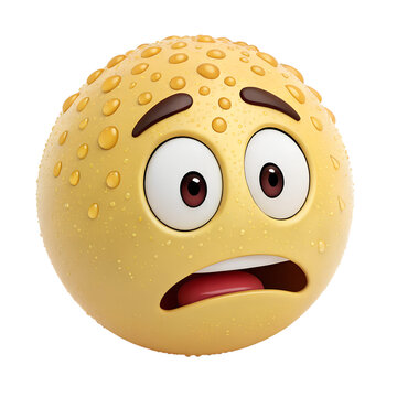 Naklejki 3D icon, Nervous Emoticon with Sweating and Fidgeting – A light yellow emoticon with a worried look, small beads of sweat forming on its forehead, and hands fidgeting nervously