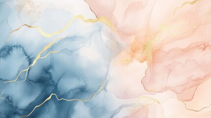 Watercolor art background vector. Wallpaper design with paint brush and gold line art. Earth tone blue, pink, ivory, beige watercolor Illustration for prints, wall art, cover and invitation cards.