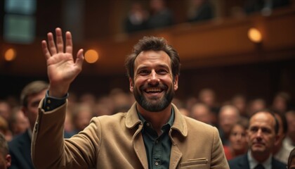 Man smiling with hand raised at crowded auction event. Bidding person in competition, raising hand. Auctioneer leads public sale. Investment, personal finance, decision making. Bidder shows