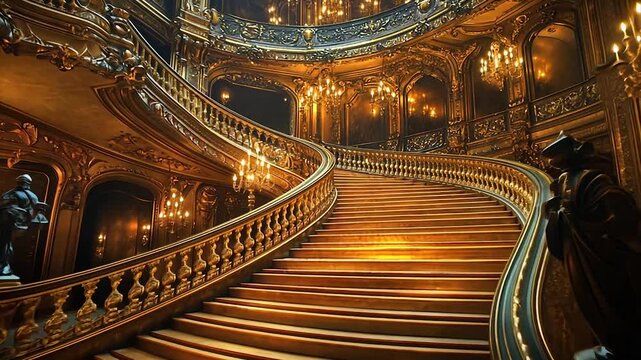 Elegant grand staircase in an opulent hall with ornate chandeliers