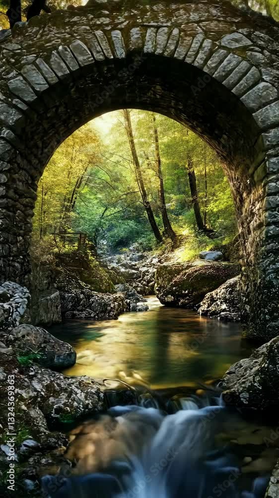 Poster serene landscape with a stone bridge over a clear stream surrounded by lush greenery in a tranquil f