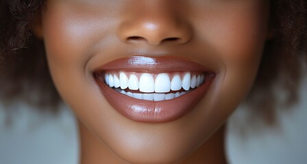Obraz premium Close-up of smiling young black woman showing white teeth, glossy lips, dental, cosmetic care for radiant appearance.
