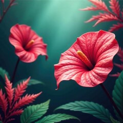 Obraz premium Coral backdrop, vibrant Dragon Tail Monstera leaves , exotic, summery