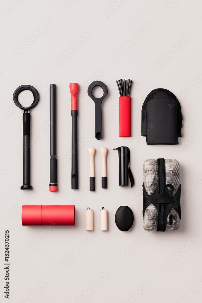 Aufkleber neatly arranged set of firefighter tools on plain unadorned background