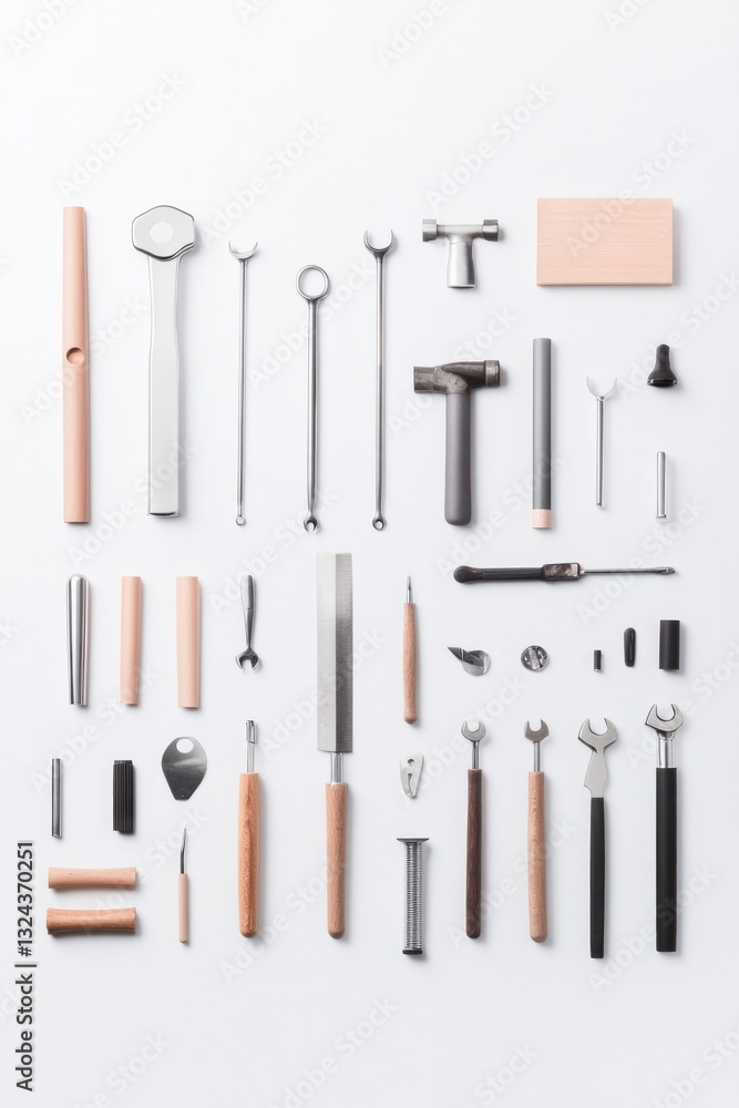 Poster neatly arranged set of firefighter tools on plain unadorned background