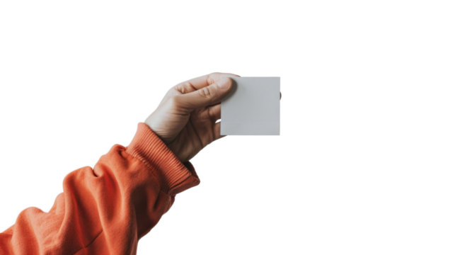 Hand holding blank white paper with transparent background