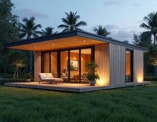 Fototapeta premium Modern wooden tiny house with flat roof on green lawn. Eco-friendly home, architecture design in nature. Rent, booking, insurance, mortgage, housing, moving and real estate themes.