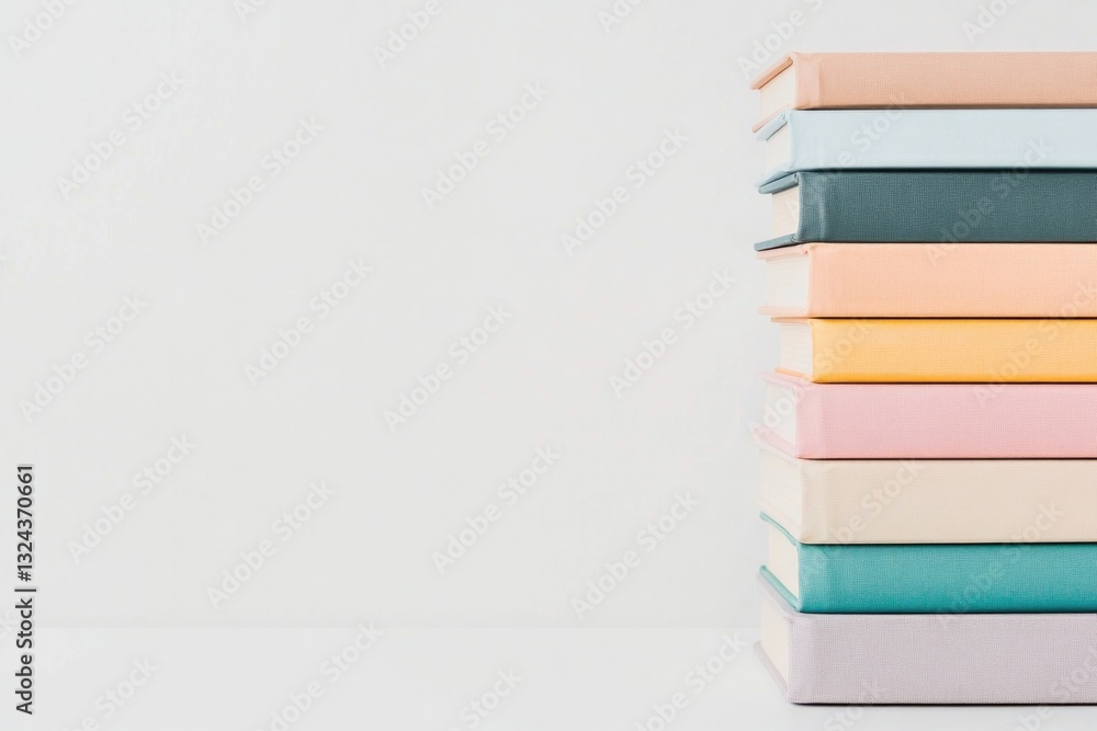 Poster neatly stacked array of colorful hardcover books positioned upright on clean white background provid