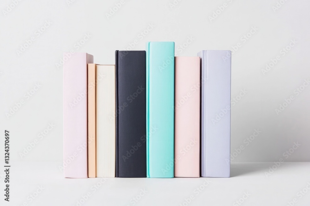 Poster neatly stacked array of colorful hardcover books positioned upright on clean white background provid