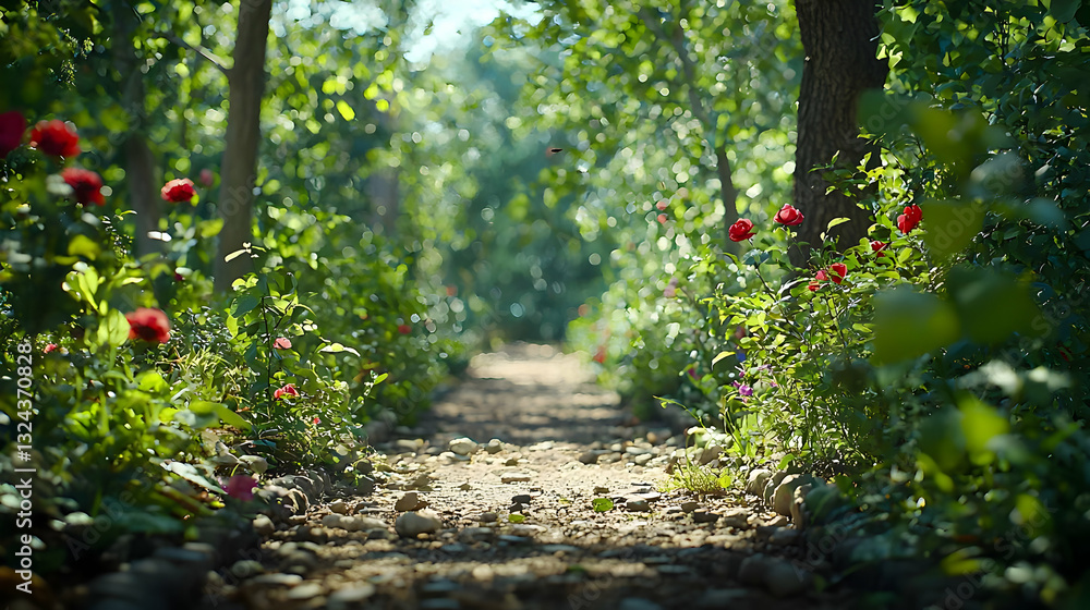 Poster sunlit forest path lined with red flowers and green foliage during daytime creating a tranquil and s