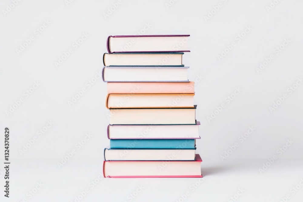 Poster neatly stacked array of colorful hardcover books positioned upright on clean white background provid