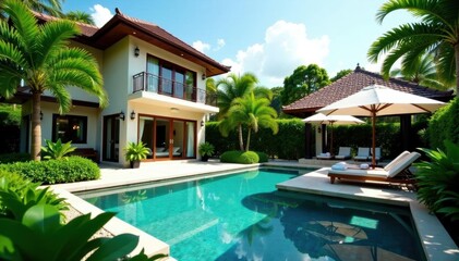Luxury tropical pool villa exterior, lush garden , luxury, resort style