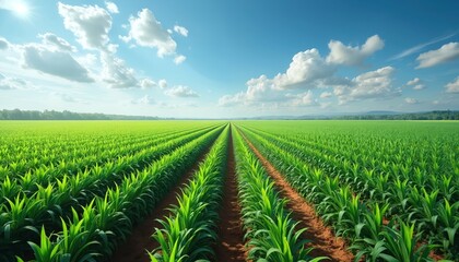 Vast corn plantation with vibrant green plants grows in straight rows under bright sky. Panoramic shot of farmland, rural landscape. Cultivated crop field in springtime day.