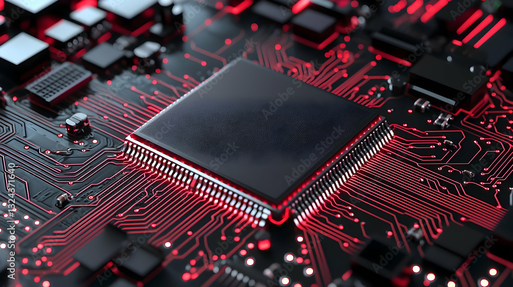 Poster close up of a black computer chip with red electronic circuitry on a dark background