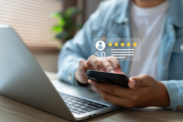 Customer satisfaction feedback, User give rating service experience online. Customer review satisfaction feedback survey concept for evaluating quality, Business reputation and performance ranking.