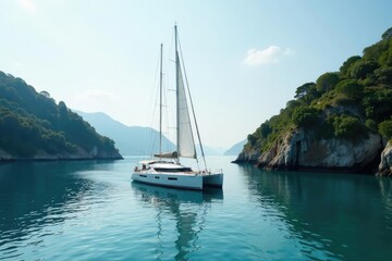 Luxury yacht anchored in a secluded cove with partially lowered sails and a serene landscape, tranquility, calm waters, luxury yacht