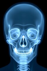 Obraz premium X-ray of the human skull and upper cervical spine in a lateral view, showcasing detailed bone structures, including the jaw and vertebrae. Health care concept