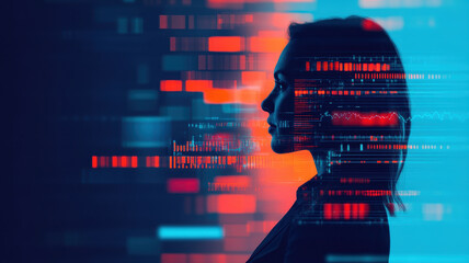 image features abstract silhouette of person against backdrop of digital data and vibrant colors, conveying sense of technology and innovation