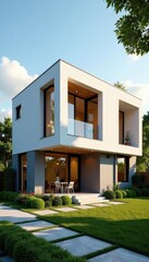 Sleek modular home, geometric facade, large windows, geometric, modular