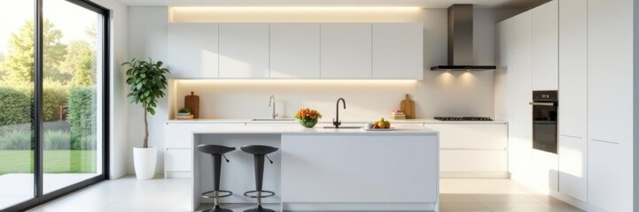 Sleek white cabinets, quartz counters, island , white kitchen, appliances