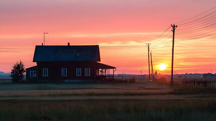 Obraz premium Pixelated Sunset Over Rural Landscape Depicting Red and Orange Sky Above a Wooden House with Flying Birds and Field