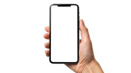 Hand holding a smartphone isolated on white background. Mockup concept. Suitable for marketing or business purposes. PNG file