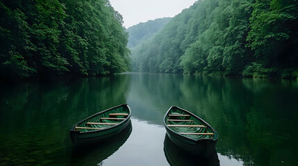 Obraz premium Two Green Boats Floating on a Calm Lake Surrounded by Lush Green Trees with Reflections