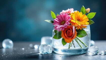 Colorful floral arrangement in ice cube container with translucent ice and sparkling water drops, droplets, arrangement, glass