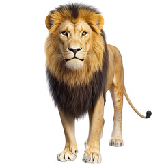 Obraz premium A majestic lion standing proudly against a black background with intense eyes and a glorious mane isolated on a white background.