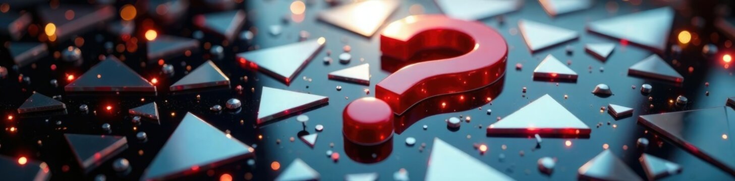 Red question mark among fragmented mirror shards, reflection, surreal