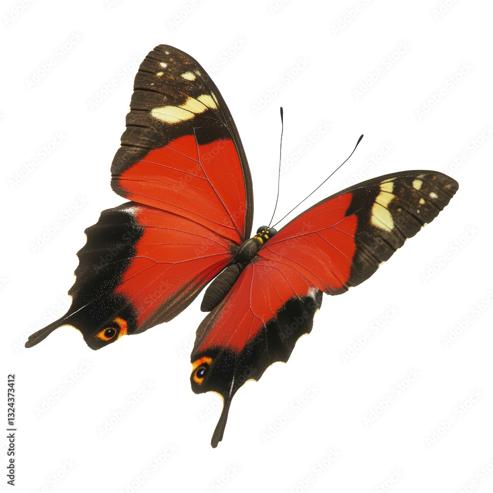 Poster a striking red butterfly with unique patterns perched elegantly on a blooming flower in a natural se