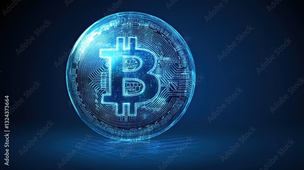 Poster illustration of a 3d rendering depicting bitcoin blockchain crypto currency digital encryption, digi