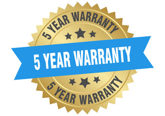 5 year warranty. 5 year warranty round blue and gold label isolated on transparent background