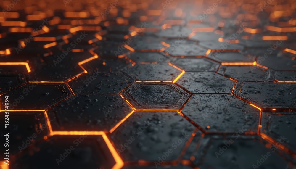 Poster vibrant glowing hexagonal tiles form mesmerizing pattern on dark gray rough surface. modern decorati