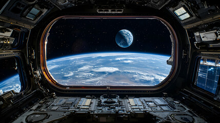 Panoramic View Of Earth And Distant Celestial Body Seen From Spacecraft Window In Deep Black Night