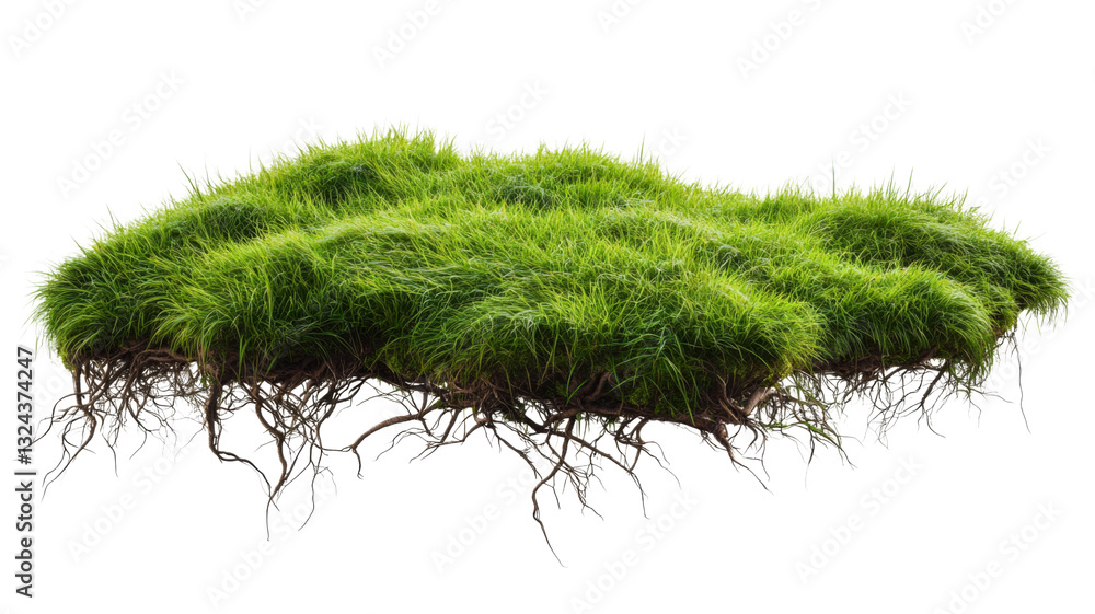 Wall mural lush green grass patch floating with visible roots on transparent background