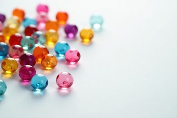 Colorful glass bead ornaments scattered randomly on a plain white surface, colors, random