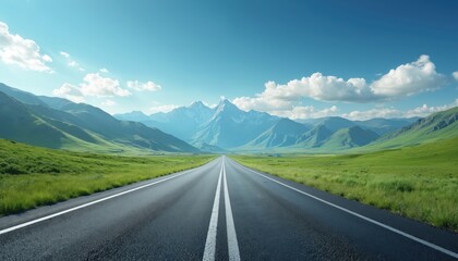 Naklejka premium Empty asphalt road extends towards distant snow mountain range, passes green meadows under blue cloudy sky. Clean mountain air, pristine nature backdrop. Inspiring journey, driving concept.