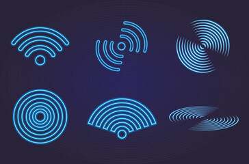 Set Wi-Fi Symbol with Neon Effect, Blue. Internet Waves