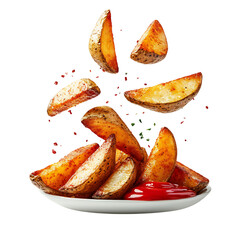 A Crispy Potato Wedge Platter with Ketchup and Ranch Isolated on Transparent Background