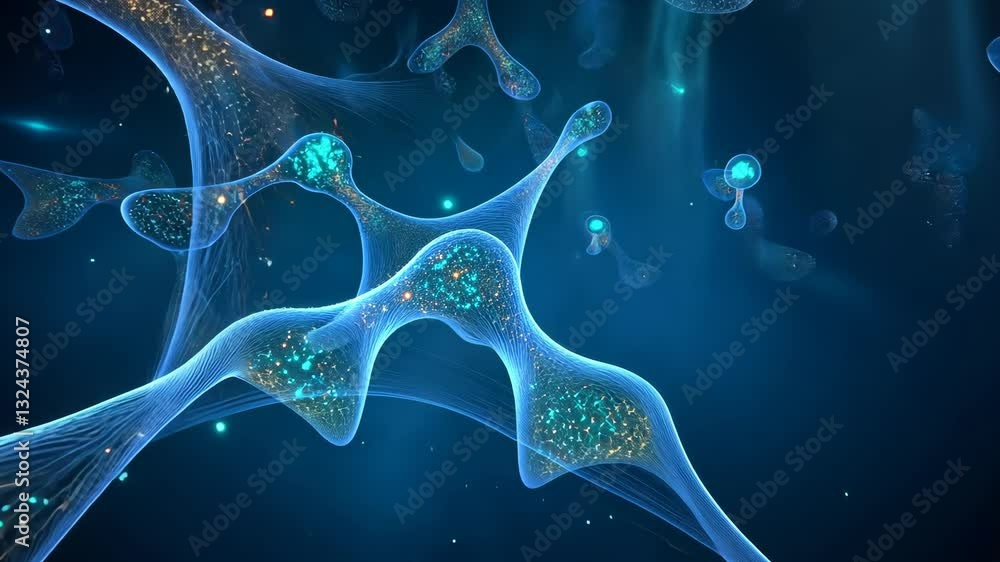 Poster complex network of glowing particles and nodes in a deep blue digital environment