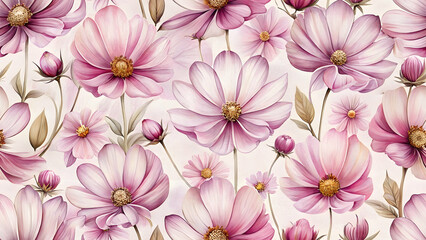 Seamless Pattern Floral Fantasy: A close-up view of a multitude of pink cosmos flowers blossoms in full bloom, arranged in a seamless pattern, conveying the essence of nature's delicate beauty. 