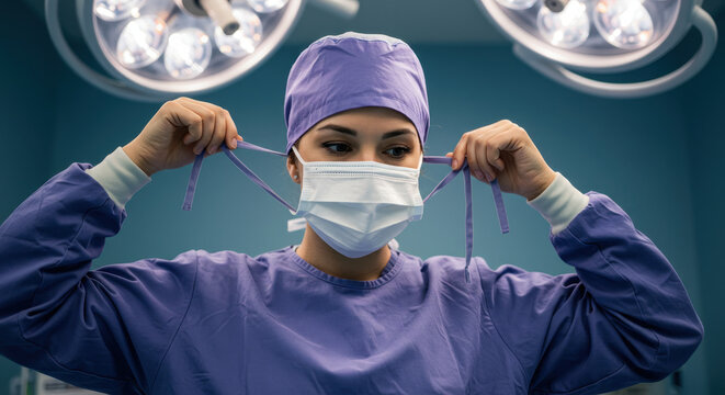 Surgeon Preparing for Surgery: Sterile Mask, Gown, & Bright Lights in Operating Room. Healthcare Professional Ready to Save Lives!