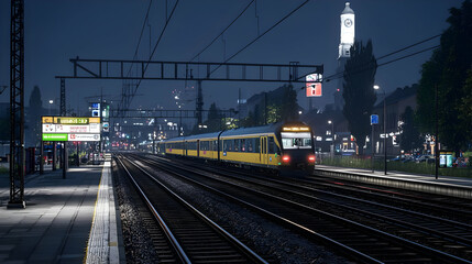 Yellow Electric Train On Railroad Tracks At Night In Urban Cityscape With Lit Buildings