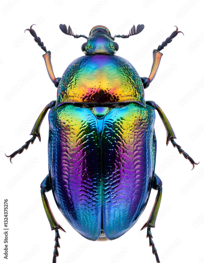 Poster iridescent beetle with vibrant colors and symmetrical pattern on white background