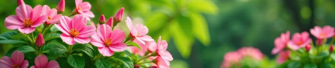 Colorful pink flowers blooming in a lush green garden, foliage, pink flowers, nature