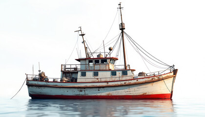 Old fishing boat is in calm water. Vintage vessel with peeling paint. Cloudy sky background. Fishing trawler for commercial fishing, seafood. Maritime transport. Nautical vessel. Aquaculture business.
