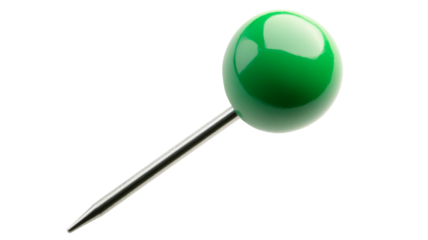 Green push pin on transparent background, ready for use